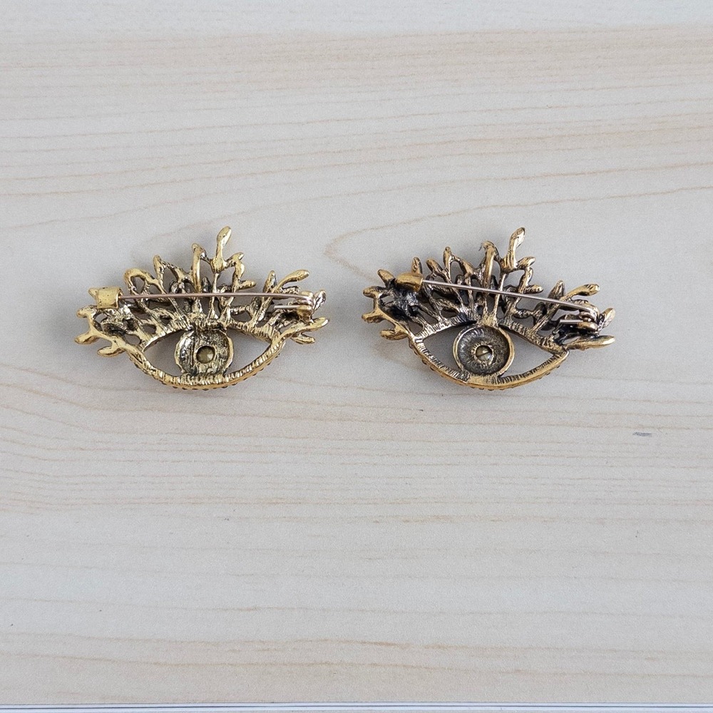 Womens Evil Eye Brooch Pin 2 Piece Set OS Blue Gold Rhinestone Crystal Statement - Picture 6 of 7